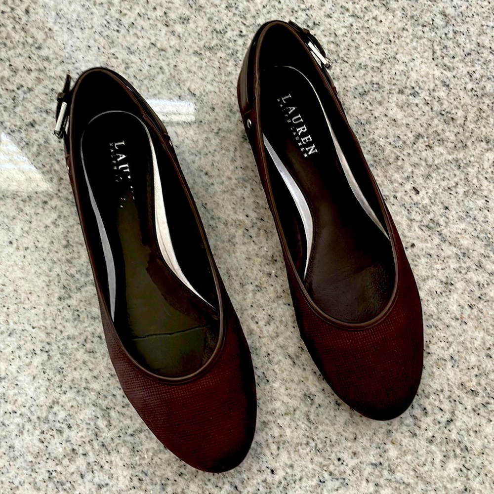 Ralph Lauren “Gemma-FL-CSL” Light Brown Hopscotch Leather Women’s Flats, Size 9